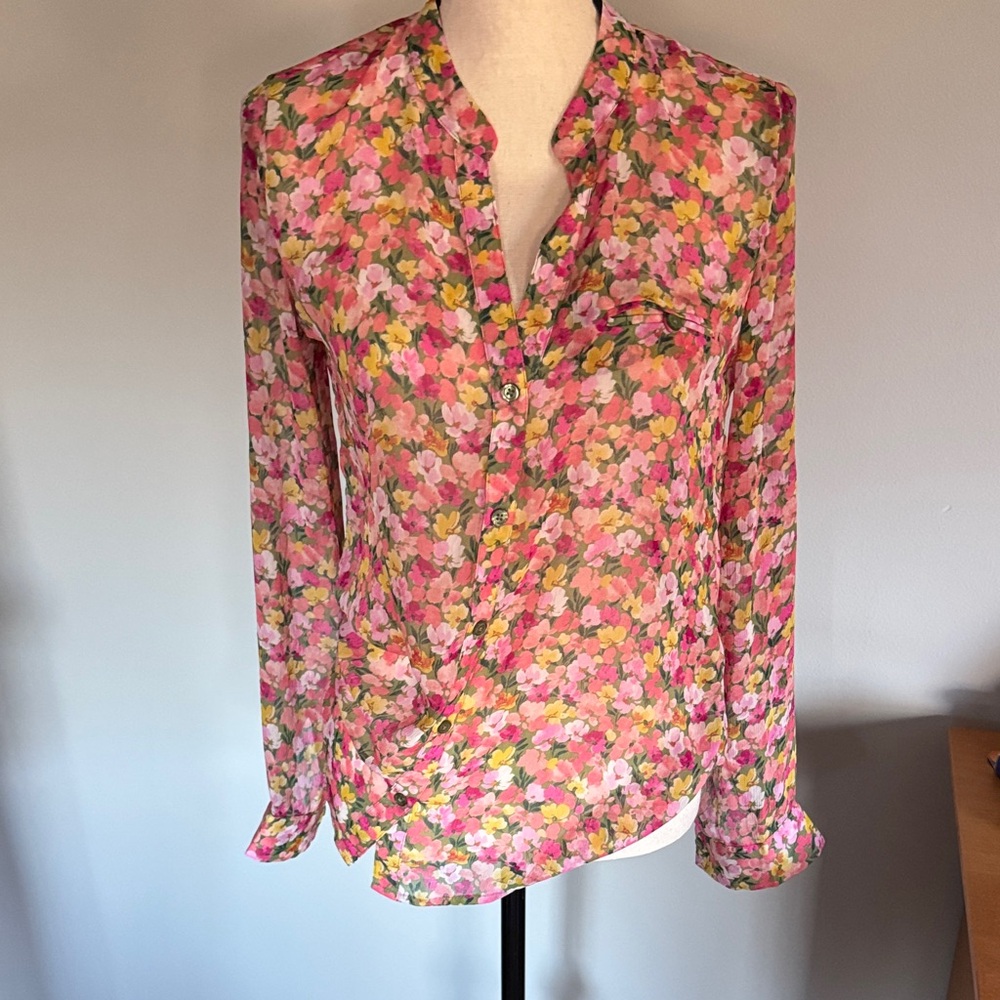 Kut Sz S sheer Floral Pink Long-Sleeve Womens Blouse